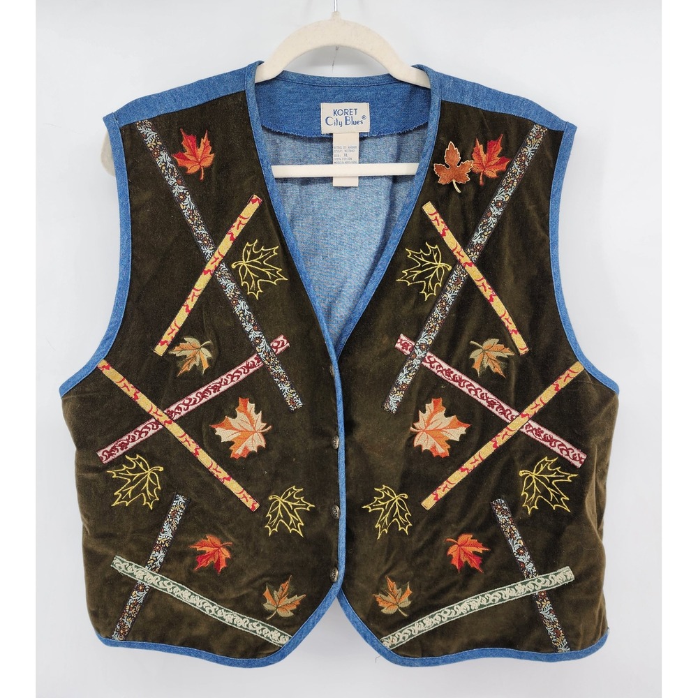Koret City Blues Embroidered Maple Leaf Velvet Denim Vest Size XL Cottagecore